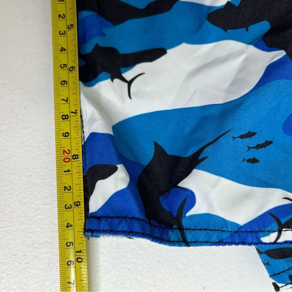 Pelagic Fish Camo Board Short White Black Blue Swim Surf SUP Men Size 34 FLAW